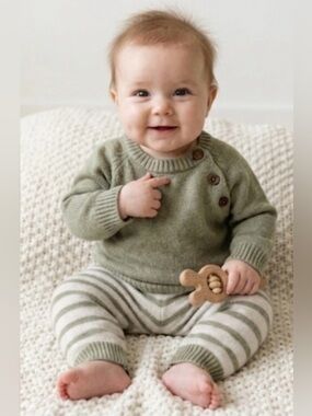 Rabbit + Bear Organic Cotton Baby Set 3-6M Sweater & Pants, Olive + Off - White